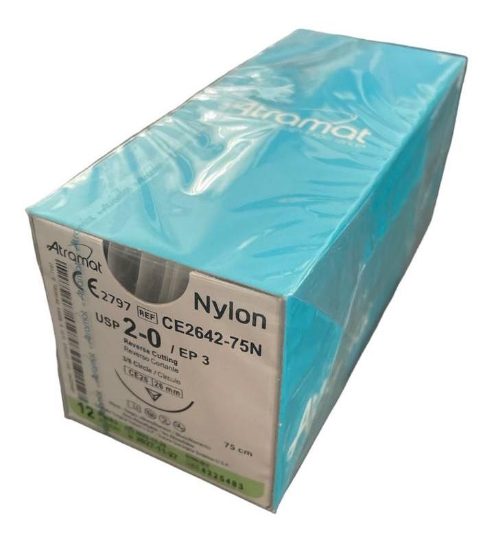 Нейлон (поліамід) CE2642-75N чорний монофіламент, що не розсмоктується USP 2-0 (EP3) зі зворотн.-ріж. голкою 26мм, 3/8кола, довж. нитки 75см